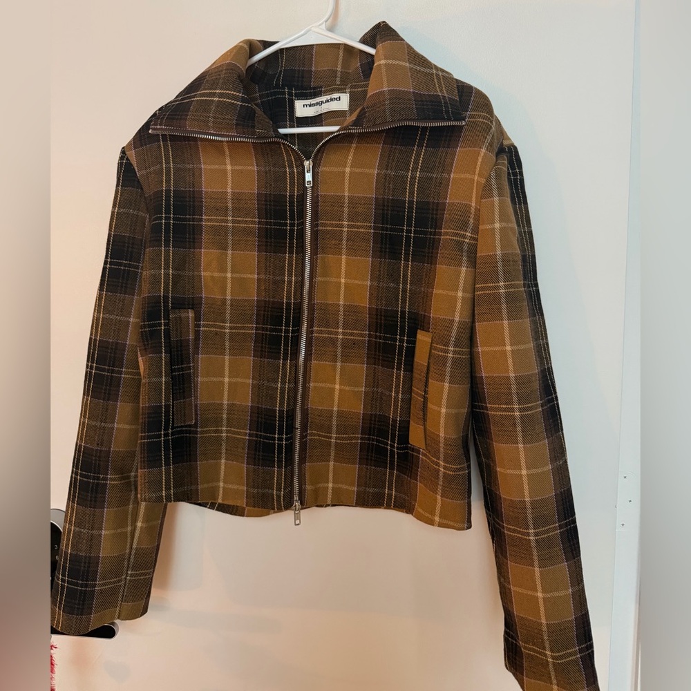 Missguided Brown Plaid Zip-Front Jacket